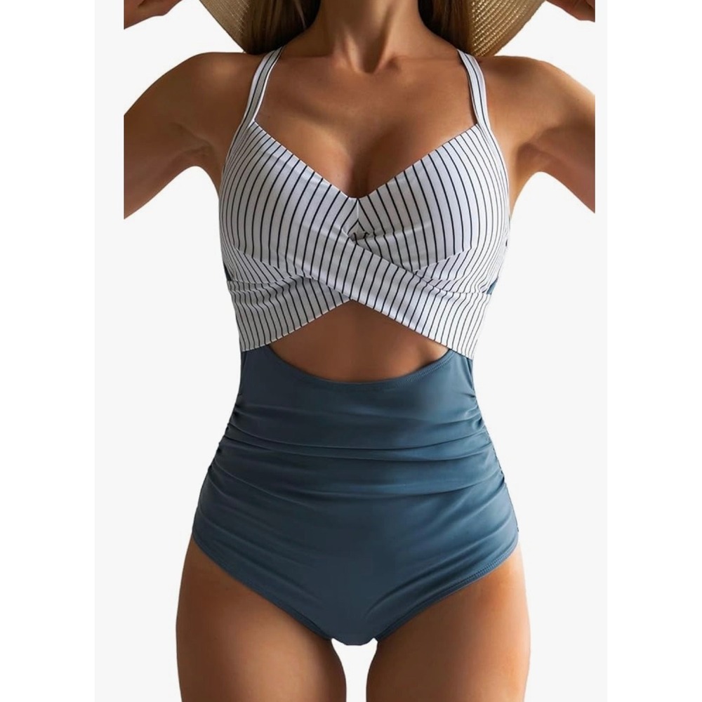 Womens Striped Wrap One Piece Swimsuit Ruched Tummy Control Blue Large Nautical‎